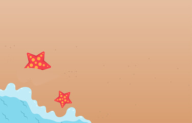 Summer beach aerial view, sea vector from top view, free space for design, decorated with balls and umbrellas, mats and starfish.