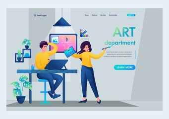 Young art team creates a design, brainstorming. Art department. Coworking, Remote Work. The concept of the landing page