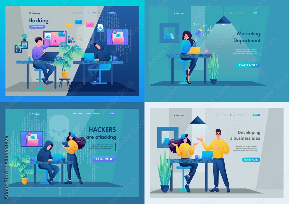 Poster Set of landing pages. A hacker hacks the mail and makes an attack on the network. Marketing department and creative department. 2D characters