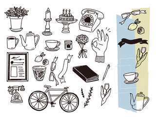 白黒、モノトーン、線画のイラスト(手書き、オシャレ、ファッション、可愛い、インテリア、レトロ) Illustrations of black and white, monotone, and line drawings.Handwriting, fashion, fashion, cute, interior, retro.