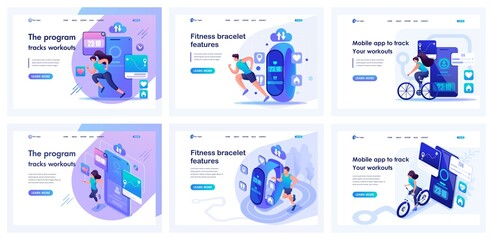Set of landing pages about a healthy lifestyle. Isometric 3D and 2D illustrations. Group of people are testing a fitness bracelet and a mobile application. Speed, Strength, Pulse, Distance