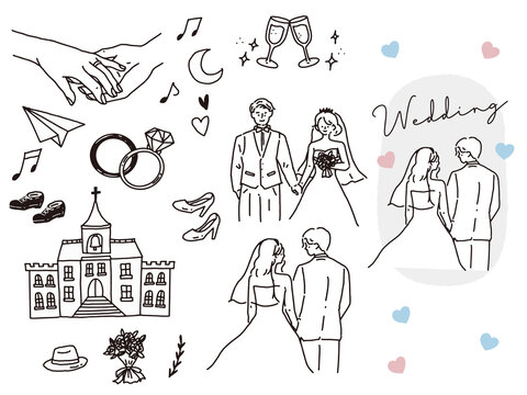 白黒、モノトーン、線画のイラスト(結婚式、カップル、夫婦、招待状、ウェルカムボード、指輪、新生活、幸せ) Illustrations of black and white, monotone, and line drawings.Weddings, couples, invitations, rings, happiness.
