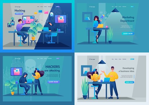 Set of landing pages. A hacker hacks the mail and makes an attack on the network. Marketing department and creative department. 2D characters