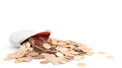 Women's wallet with golden coins isolated on white background