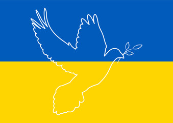 Kontury wzlatującego gołąbka pokoju na tle flagi Ukrainy. Symbol pokoju. Stop wojnie. Wsparcie dla Ukrainy. Ilustracja wektorowa niebieska i żółta. - obrazy, fototapety, plakaty