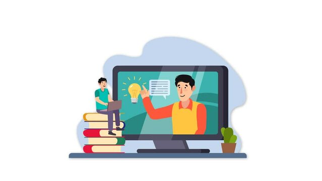 Concepto de educaci&oacute;n en l&iacute;nea, animaci&oacute;n vectorial en el lugar de trabajo dom&eacute;stico.