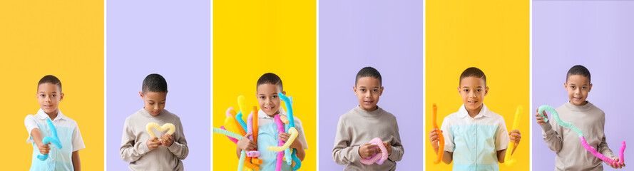 Set of little African-American boy with Pop Tubes on colorful background