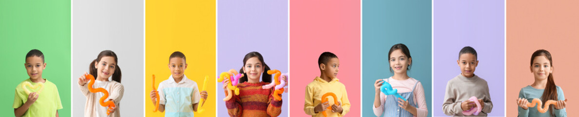 Set of little children with Pop Tubes on colorful background - obrazy, fototapety, plakaty