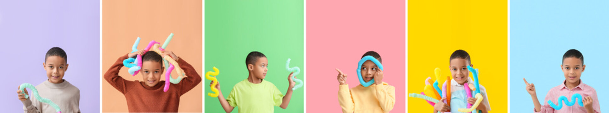 Set of little African-American boy with Pop Tubes on colorful background