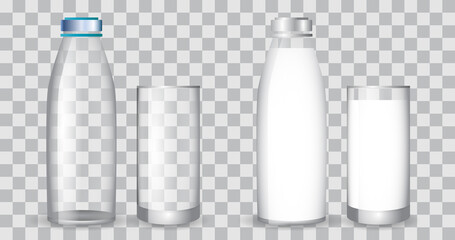 Realistic glasses and bottles with a milk.  

3d Fresh Milk Bottle and Glass Set on a 

Transparent Background Empty and Full View.