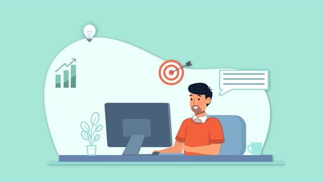 animacion de joven freelancer trabajando en oficina