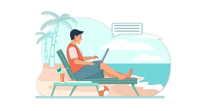 animacion joven trabajando en su laptop sentado en silla larga de playa, trabajos independientes estilo de vida.