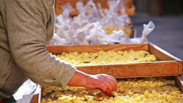 Older Italian Women making and selling handmade traditional orecchiette pasta in the street markets of Bari Italy, Puglia, moving and adjusting the drying racks, static shot, no faces, bright, sunny