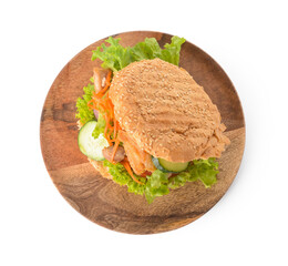 Plate with fresh doner kebab in bun on white background