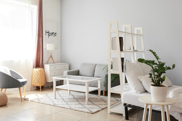 Interior of light bedroom with white bookcase and sofa