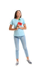 Young woman with Italian flag on white background