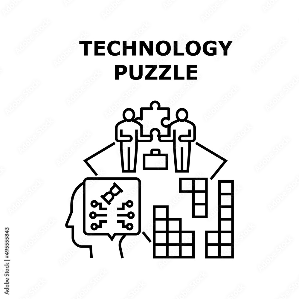 Poster technology puzzle vector icon concept. technology puzzle application playing video game entertainmen