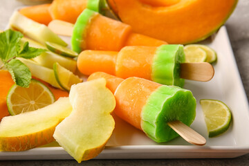 Plate with tasty popsicles and melon pieces on light background