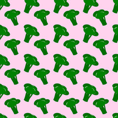 Simple seamless pattern with broccoli. Vector illustration on a pink background. For packaging, fabric, textiles, prints, baby clothes, stationery and scrapbooking.