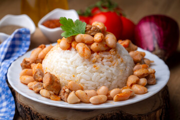 Traditional Turkish cuisine. Kuru Fasulye . Haricot Beans, rice and beans (Turkish name; pilav ustu kuru fasulye)