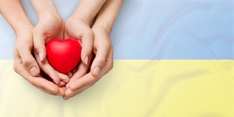 A red heart in female and child hands. The concept of the war in Ukraine.