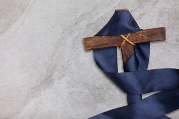 Wooden cross with of Crown of thorns. Christian religion.