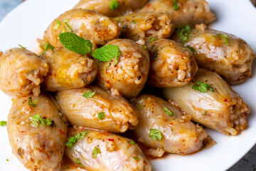 Stuffed Onion Dish. Stuffed onions from traditional Turkish dishes (Turkish name; Sogan dolmasi)