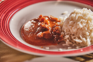 Mole Amarillo de Retazo Oreado, traditional Oaxacan food. Homestyle Mexican food with white rice. Chiles, garlic, onions, salt, lemons, dough, pitiona.
