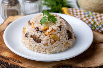 Traditional delicious Turkish food; rice pilaf with pine nuts and currants (Turkish name; ic pilav or pilaf)