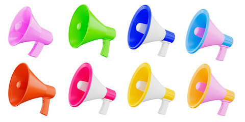 Set-MegaFon 3D illustration display set, megaphone icon, microphone announces communication or alarm, pink, blue, yellow, with cut path.