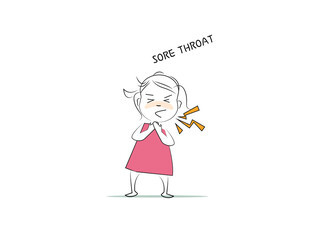 Sore throat. Doodle style character. An illustration of simple human movements and emotions.
