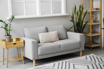 Naklejka premium Interior of light living room with grey sofa, table and houseplants