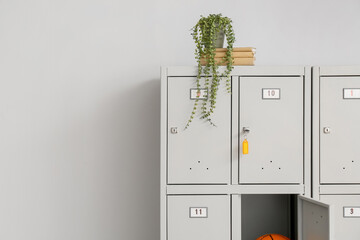 Locker with books and houseplant near light wall
