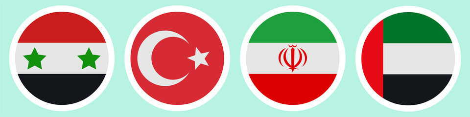 Flags of different countries. A set of stickers on a white backing. Collection of vector icons. Isolated background. Syria, Turkey, Iran, United Arab Emirates. National symbol of the state. Political 