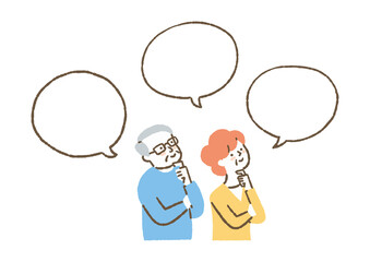 顎に指をあてる高齢男女と吹き出し_色