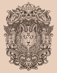 illustration vintage demon cat with engraving style