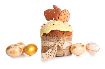 Delicious Easter cake decorated with cookies and eggs on white background