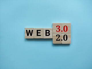 The alphabet of Web 3.0 and 2.0 word concepts is on a blue background.