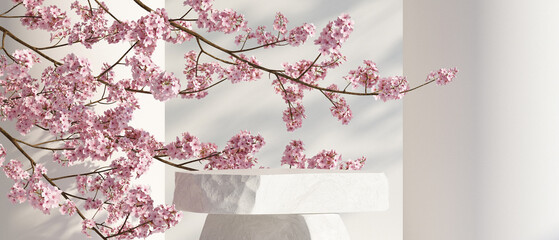 japanese style architect stone podium background.for branding and product presentation.3d rendering illustration.