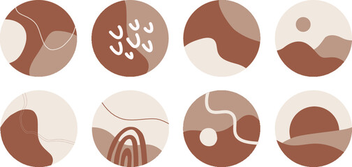 Neutral abstract social media highlights covers.  Minimalist line shapes, round circle lifestyle icons for bloggers and social media stories, vector set