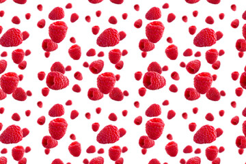 Raspberries abstract background. Fruit pattern of colorful wild berries isolated on white background. Raspberries, blackberry and brumble. Top view. Flat lay
