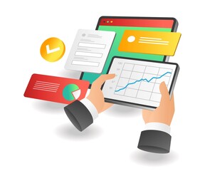 Flat isometric concept illustration. control business data analysis by hand