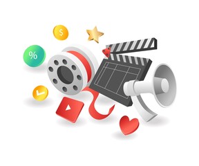 Flat isometric concept illustration. digital marketing content video campaign