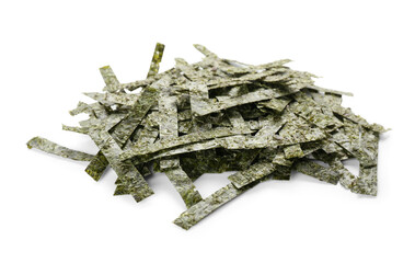 Pile of chopped seaweed sheets on white background