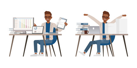 Set of Accountant man wear cream color suit character vector design. Presentation in various action. People working in office planning, thinking and economic analysis.