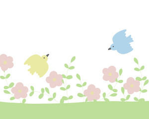 かわいい鳥と草花の手描きイラスト