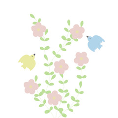 かわいい鳥と草花の手描きイラスト