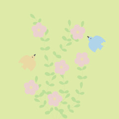 かわいい鳥と草花の手描きイラスト