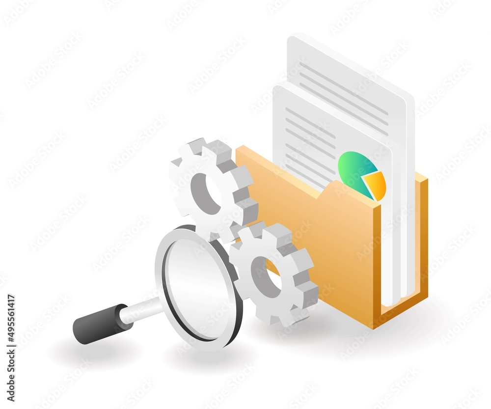 Poster Flat isometric concept illustration. the process of searching for data in the analysis folder