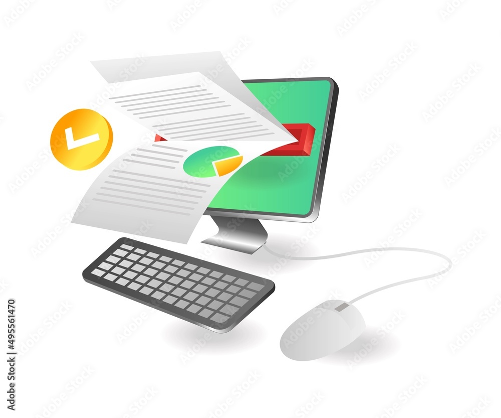 Aufkleber Flat isometric illustration concept. Computer loading analysis data